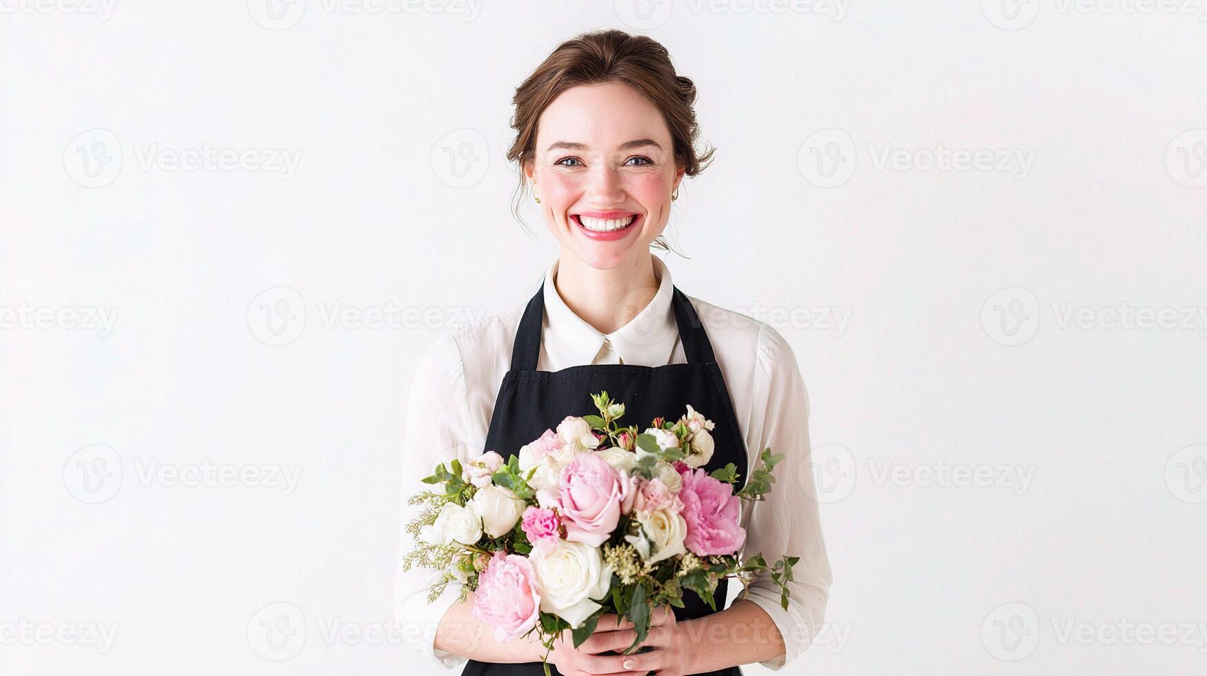 A woman in an apron holding a bouquet photo