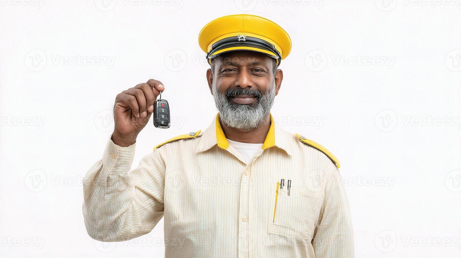 An indian man in a uniform holding a car key photo
