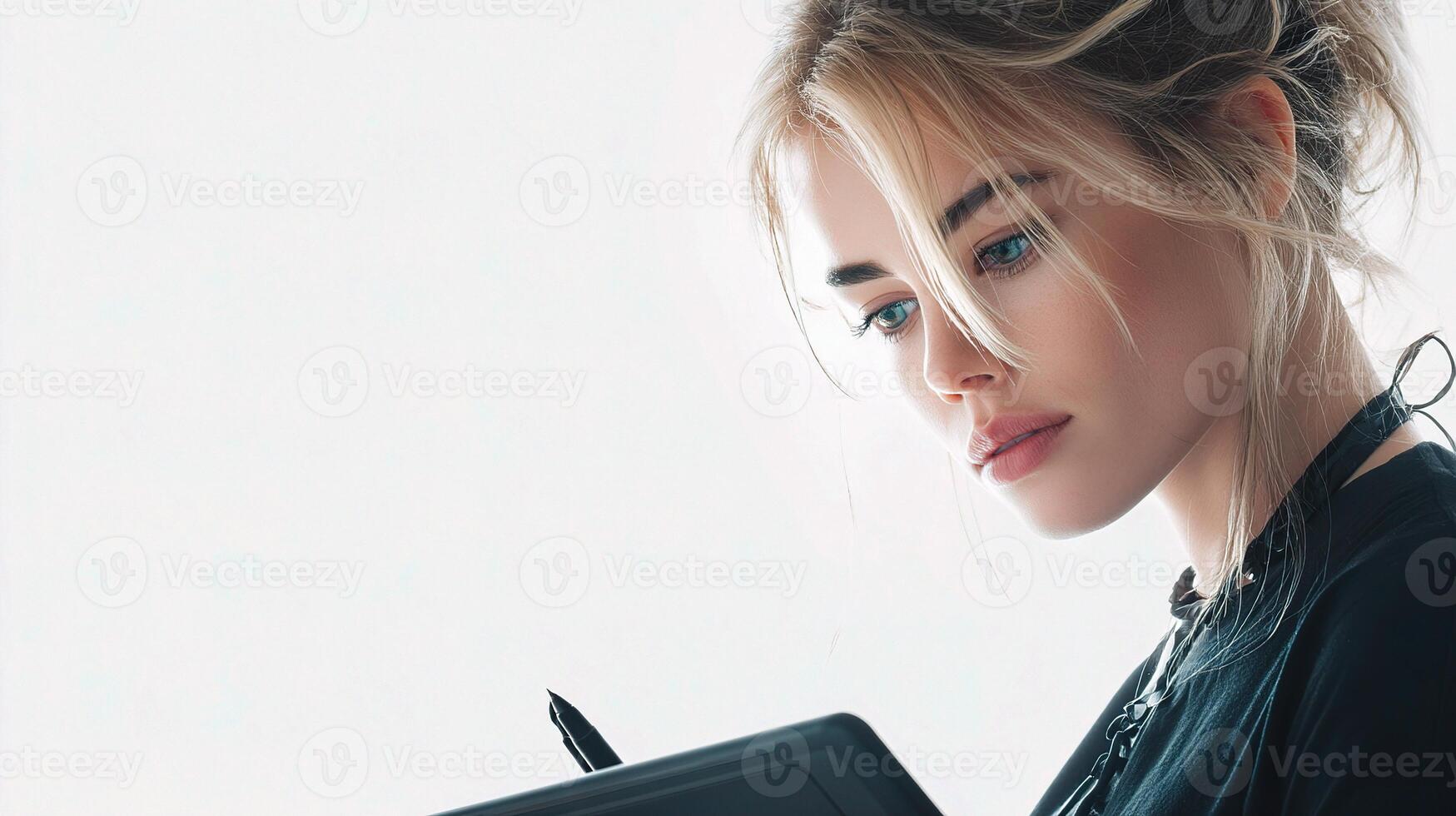A woman holding a pen and looking at a tablet photo