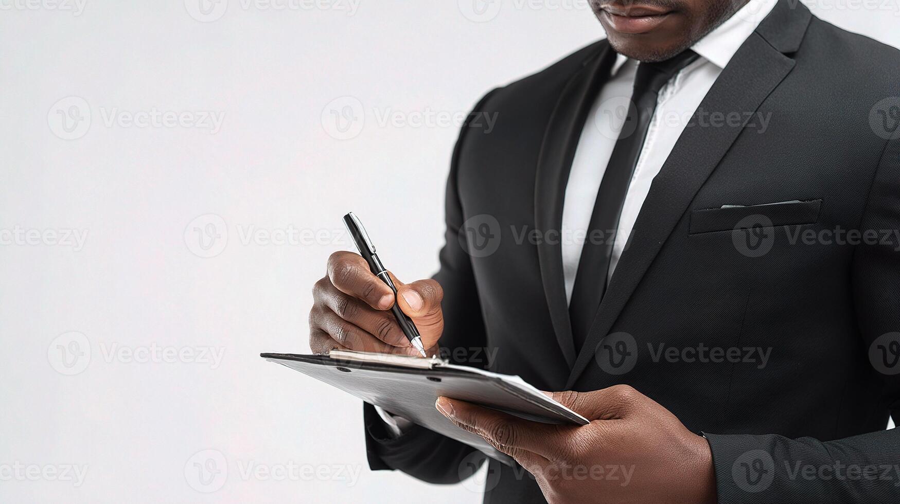 A man in a suit and tie is writing on a notepad photo