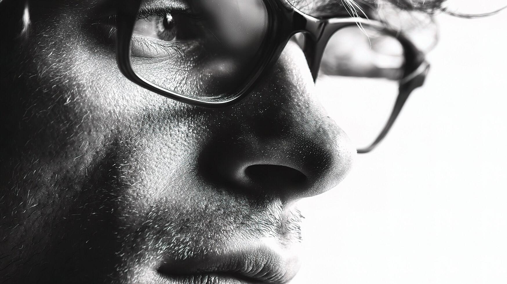 A man with glasses and a beard looks away from the camera photo
