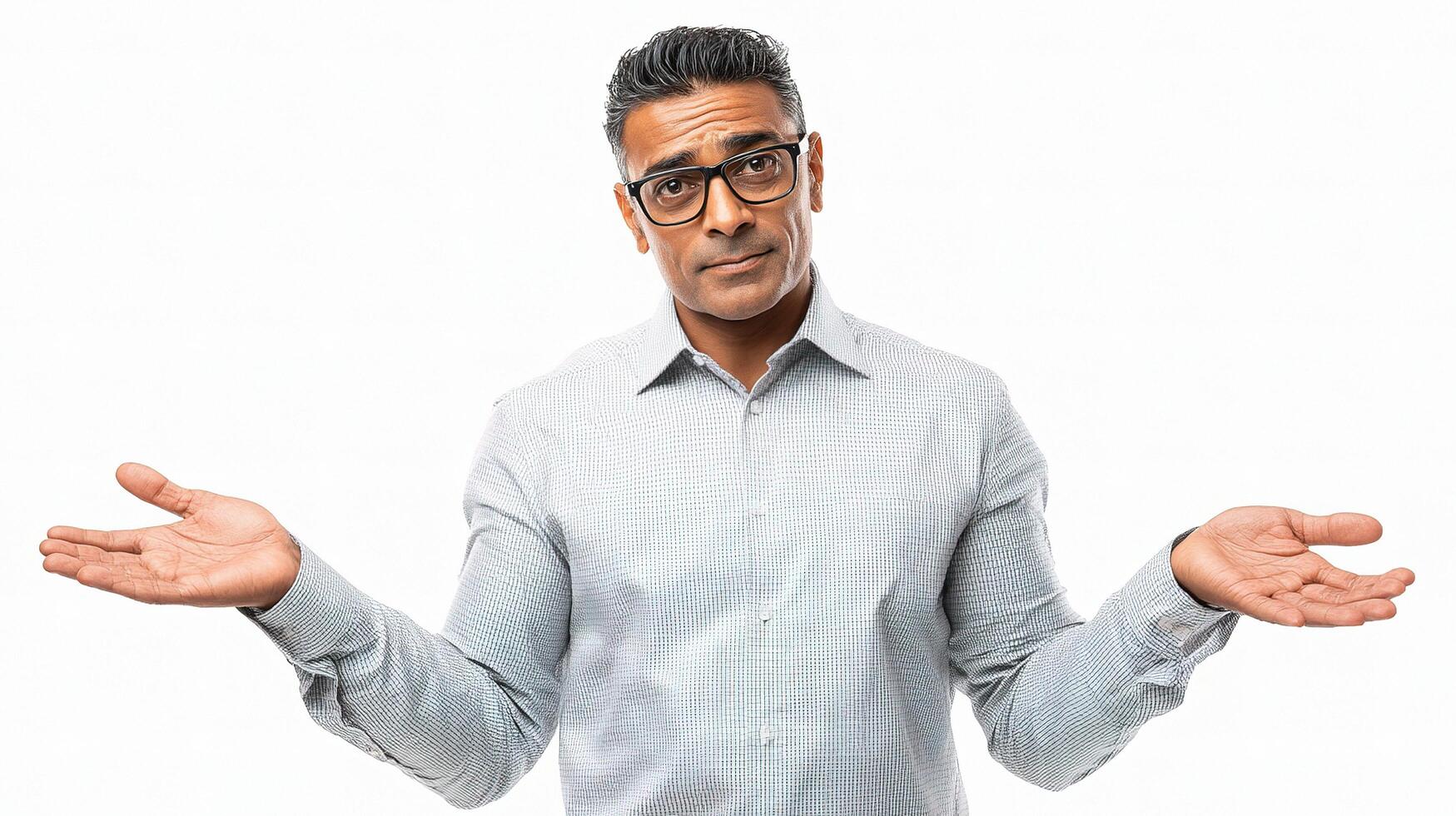 A man with glasses and a shirt is holding his hands out photo