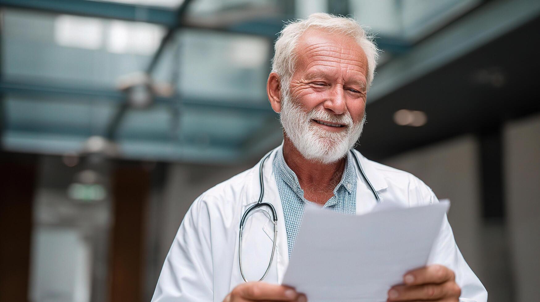 A smiling older man in a white coat holding a piece of paper photo