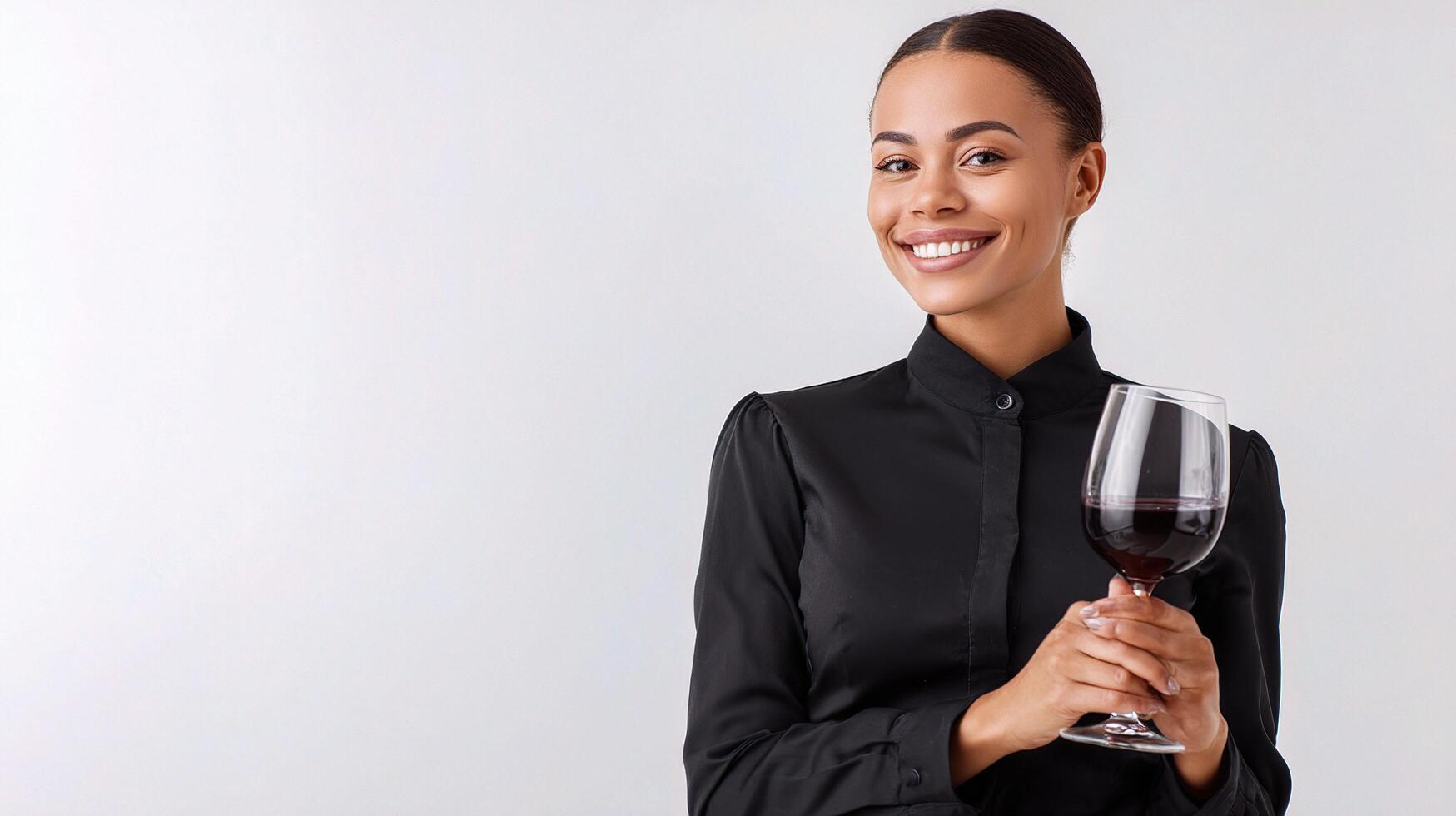 A woman in a black shirt holding a glass of wine photo