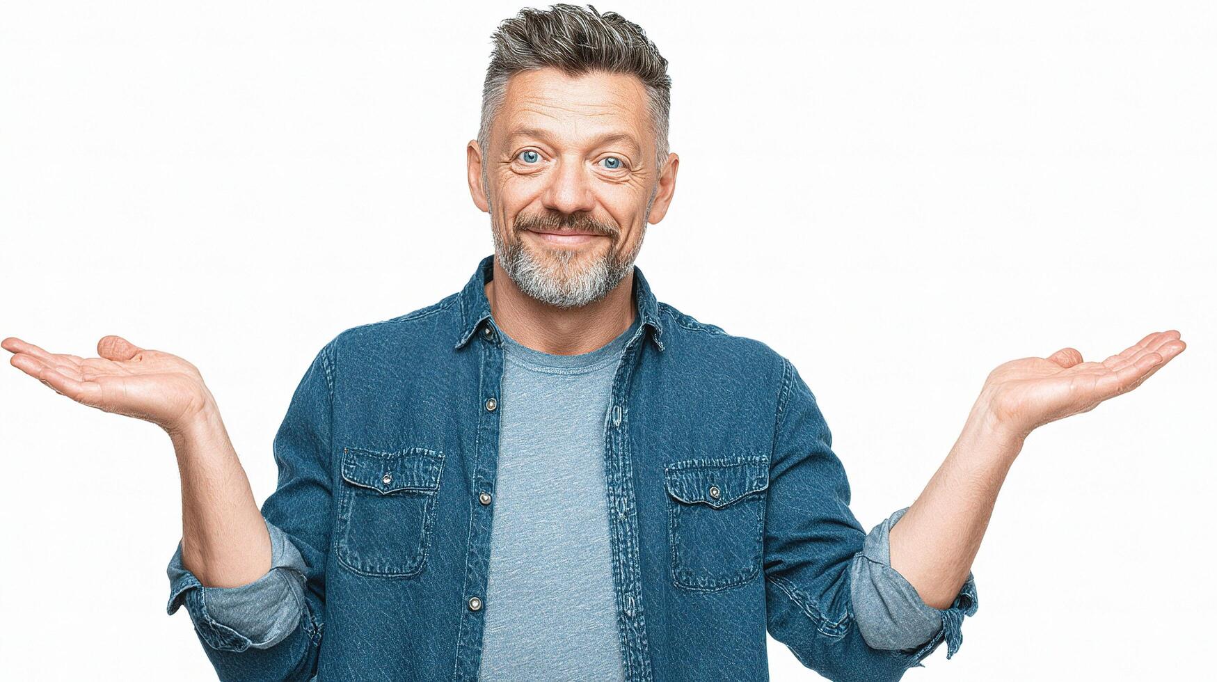 A man with a beard and blue shirt is holding his hands out photo