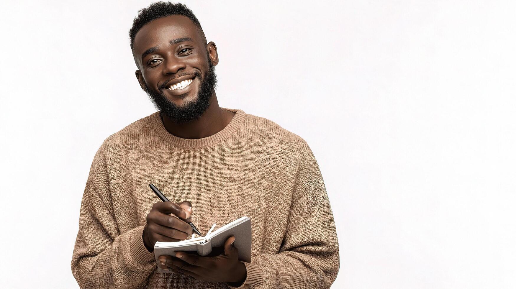 A smiling man holding a pen and writing in a notebook photo