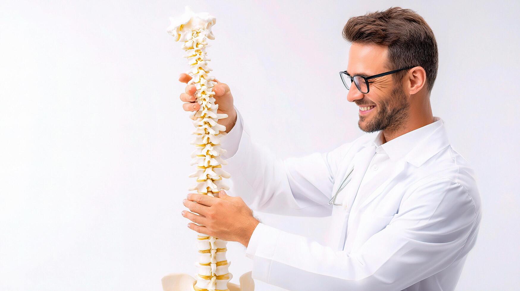 A man in a white lab coat holding a model of the spine photo
