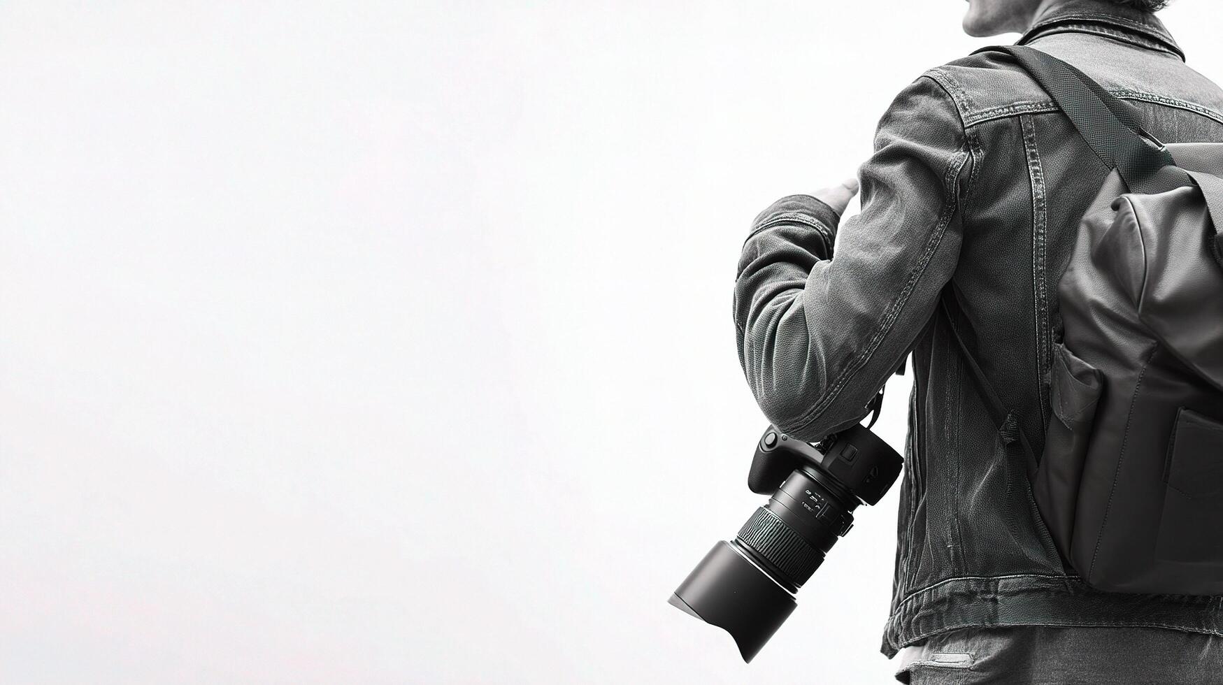 A man with a backpack and camera photo