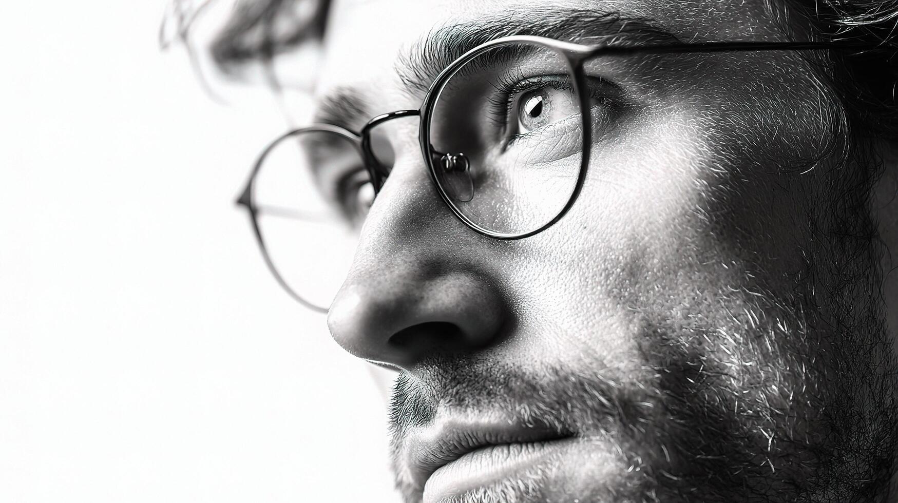 A man with glasses and a beard looking to the side photo