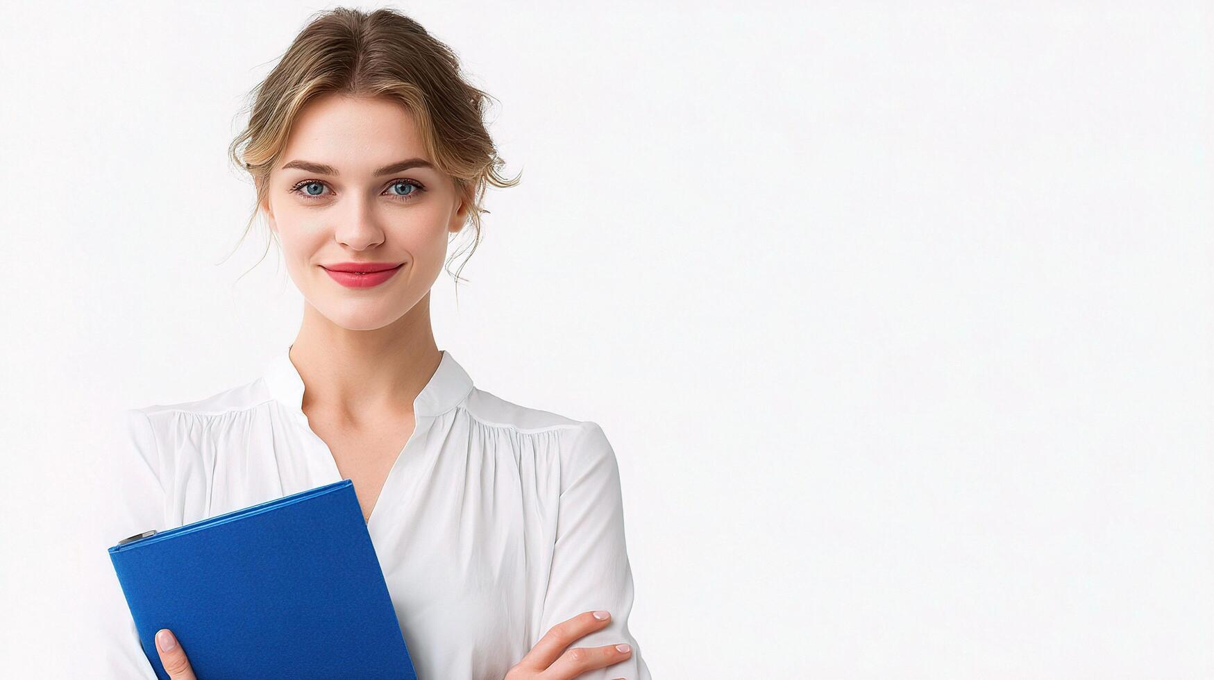 A woman in a white shirt holding a blue folder photo