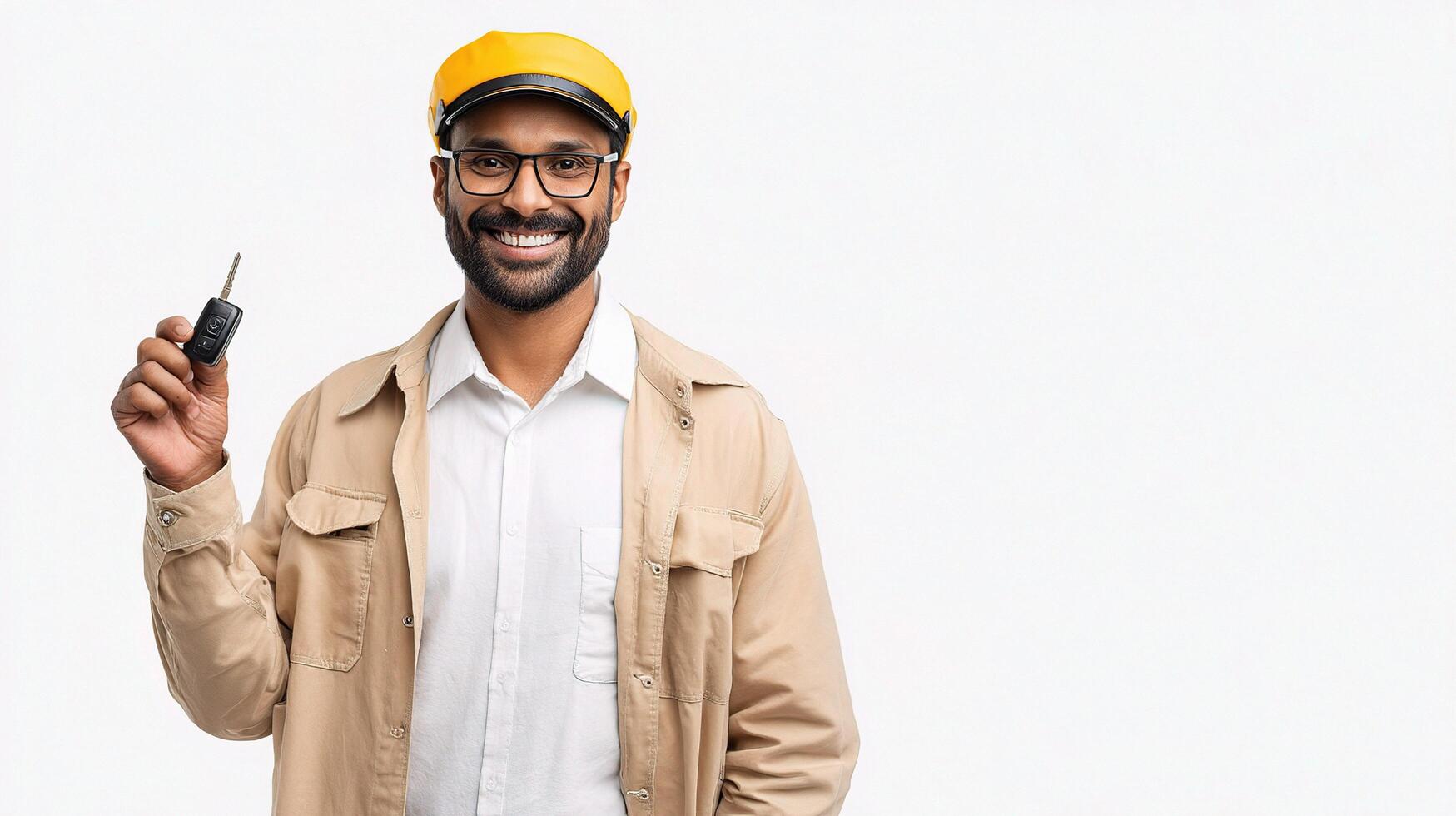 A smiling man holding a key to his car photo