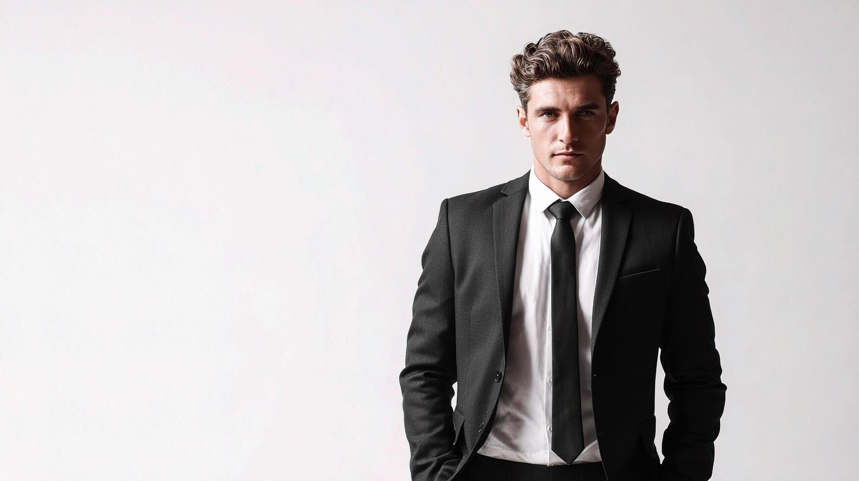 A man in a suit and tie standing in front of a white wall photo