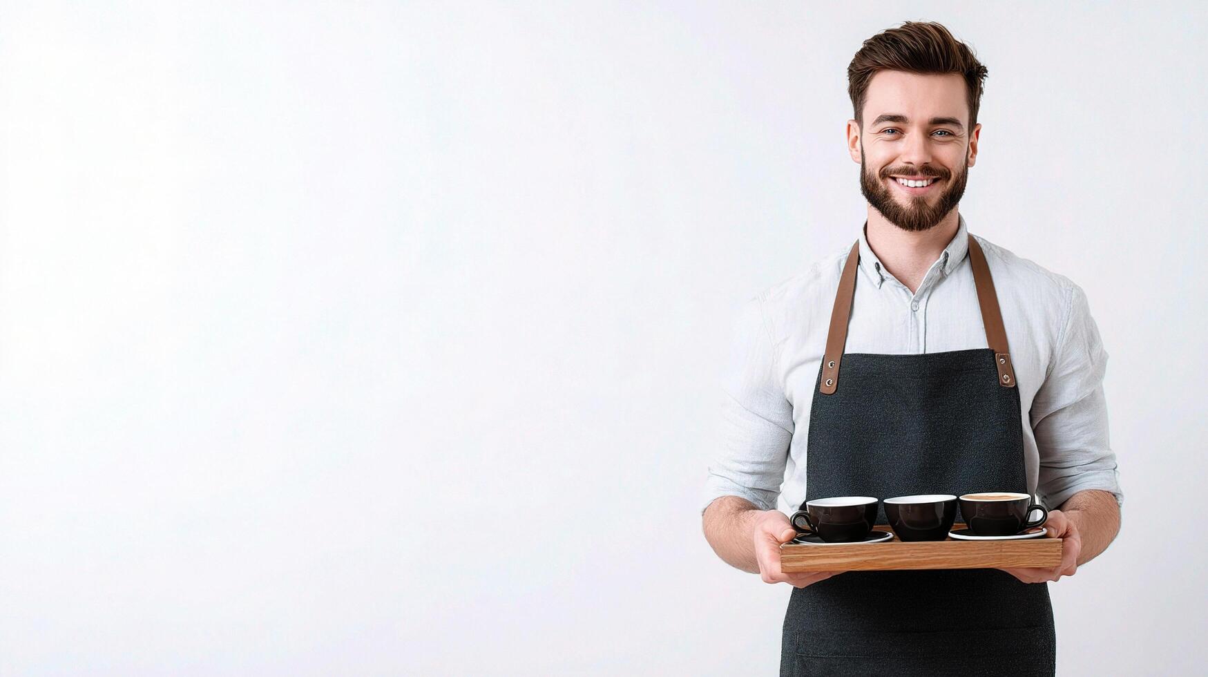 A man in an apron holding a tray with coffee cups photo