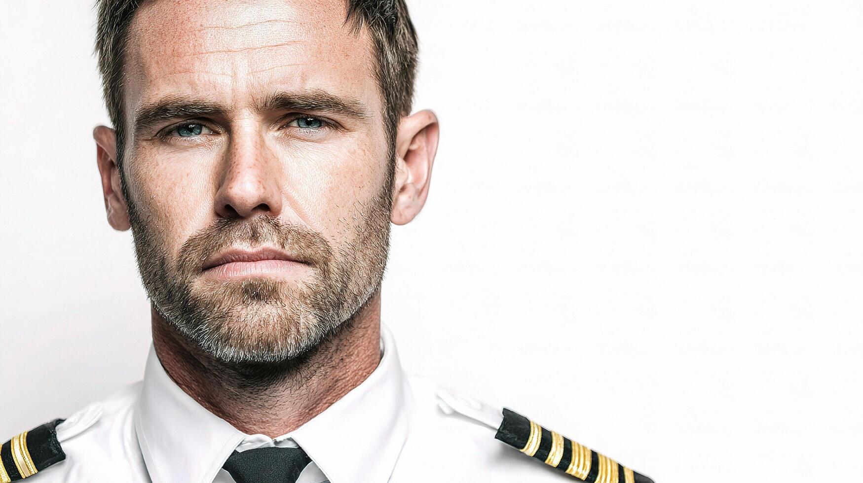 A man in a pilot uniform with a white background photo