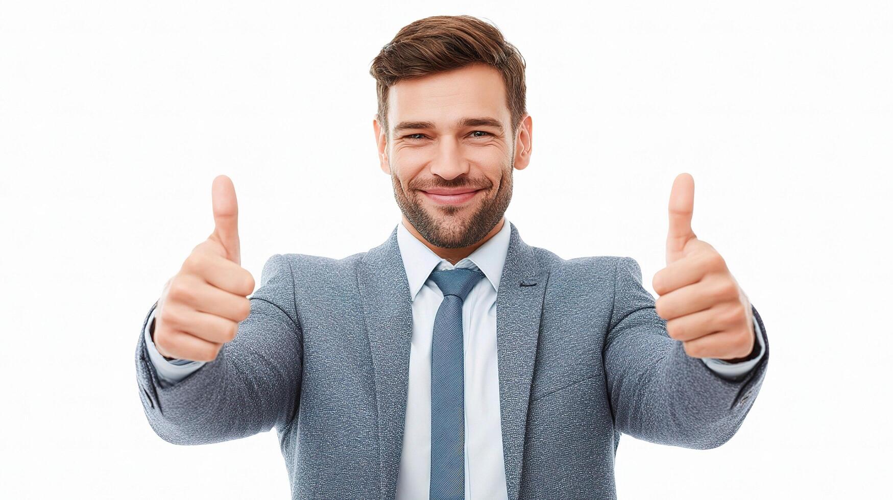 A man in a suit and tie giving the thumbs up photo