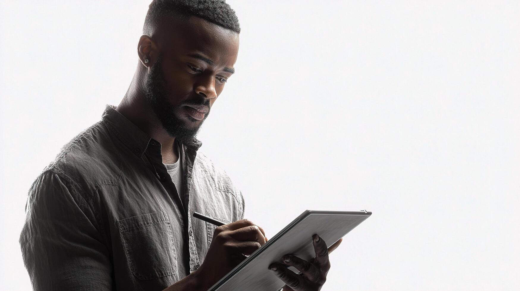 A man is writing on a tablet photo