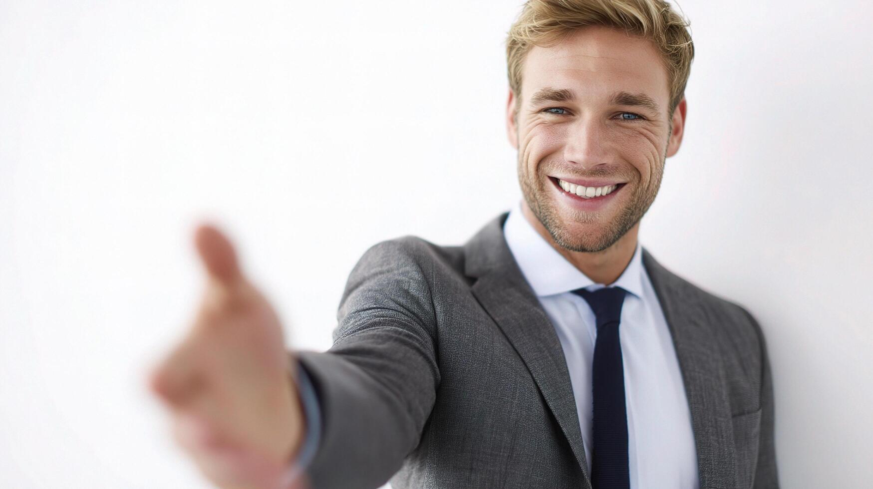 A smiling man in a suit is pointing at something photo