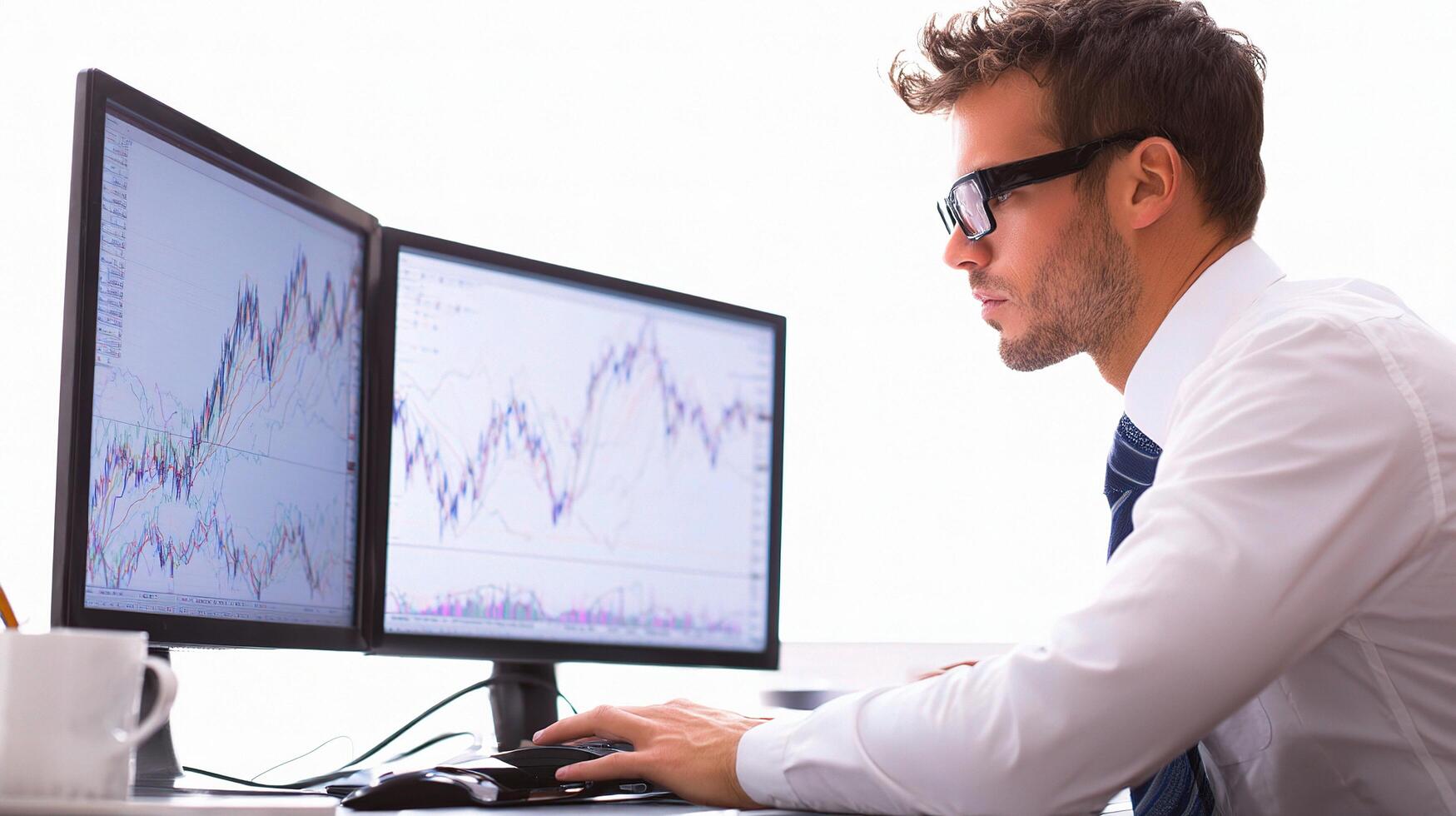 A man wearing glasses is looking at two computer screens photo