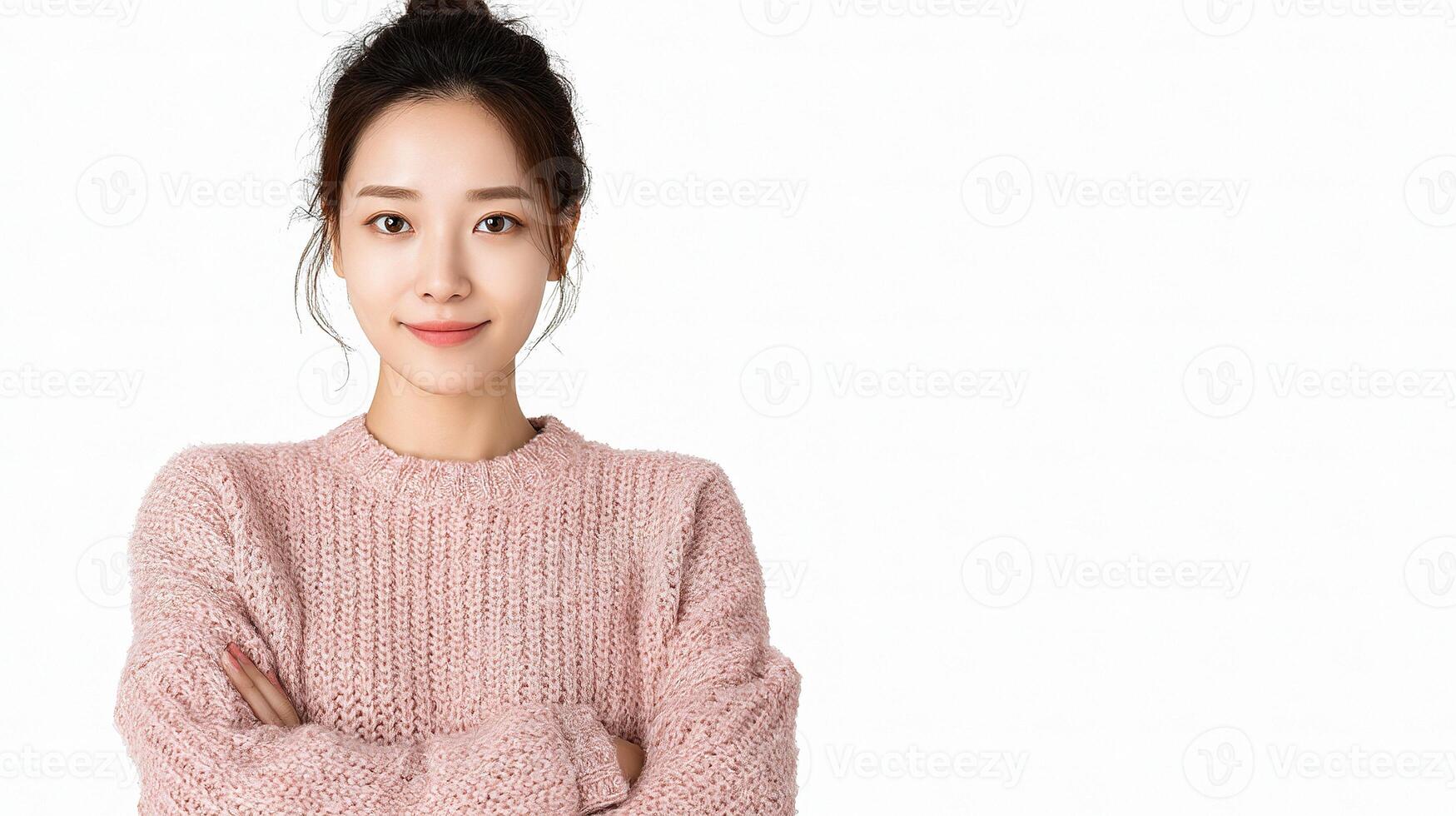 A woman in a pink sweater standing with her arms crossed photo