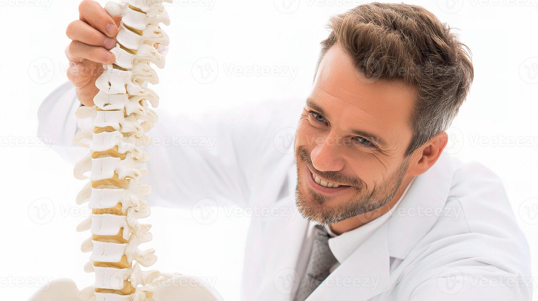 A man in a lab coat is holding up a model of the spine photo