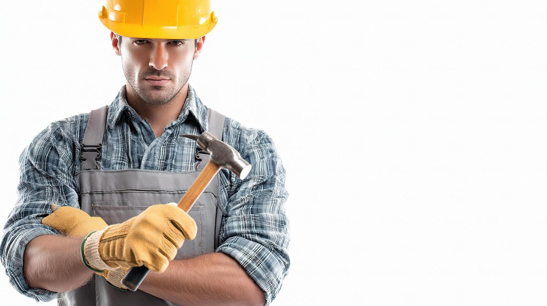 A man in a hard hat and overalls holding a hammer photo