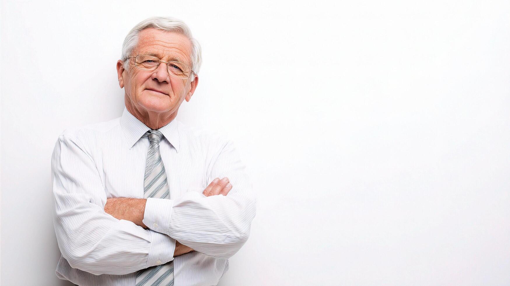 An older man with glasses and a tie standing in front of a white wall photo