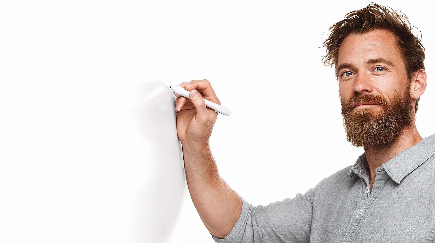 A bearded man with a white marker writing on a white board photo