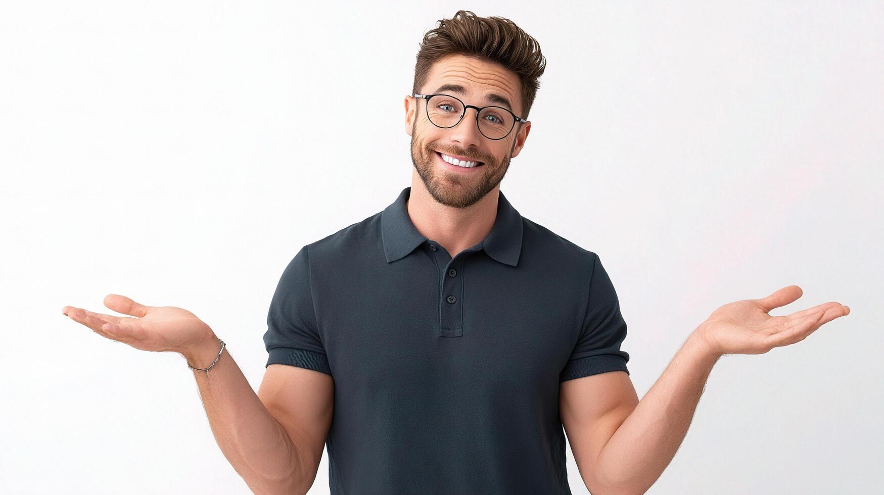 A man with glasses and a black shirt is holding something photo