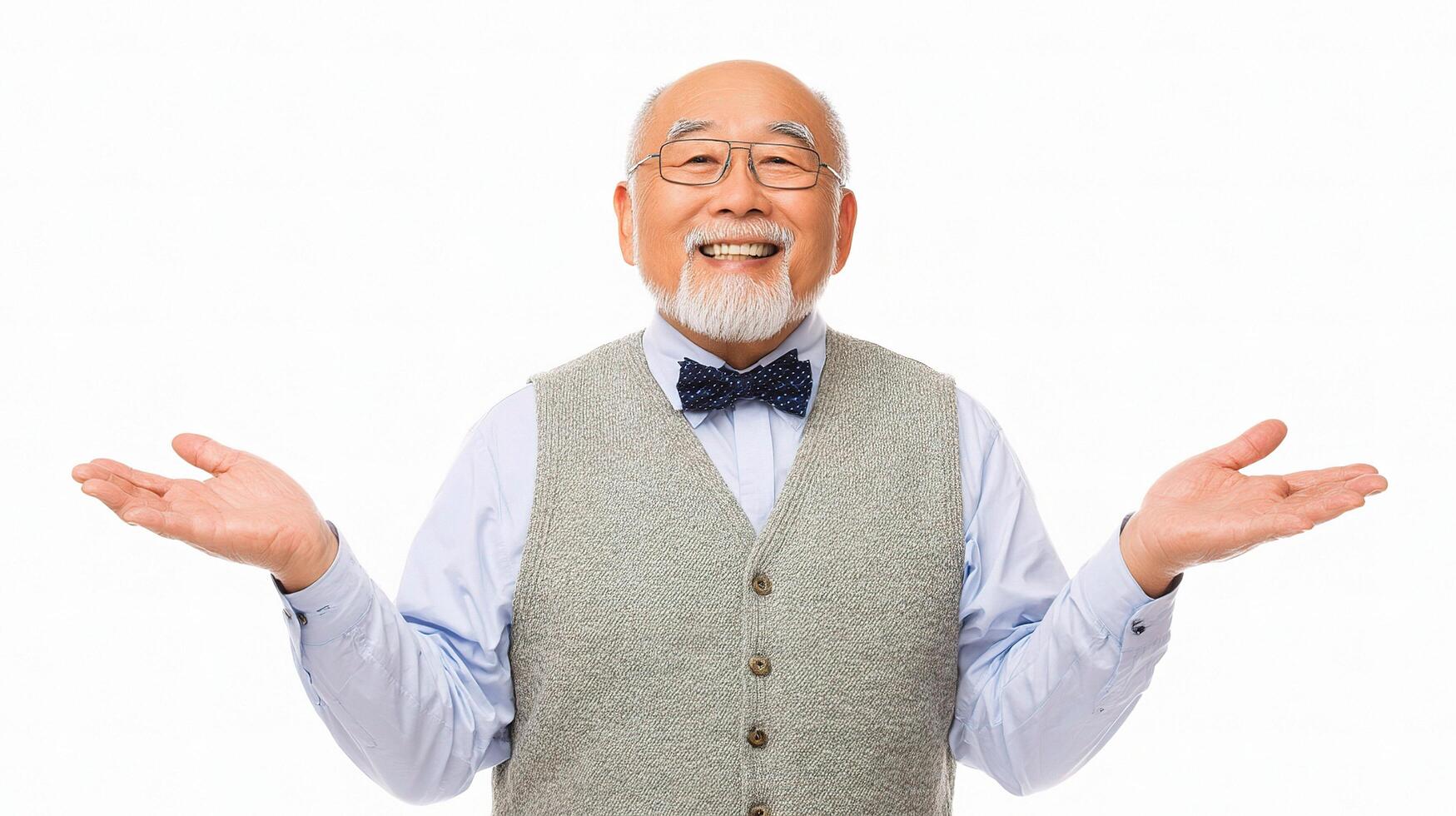 An old man with a beard and bow tie is standing with his hands out photo