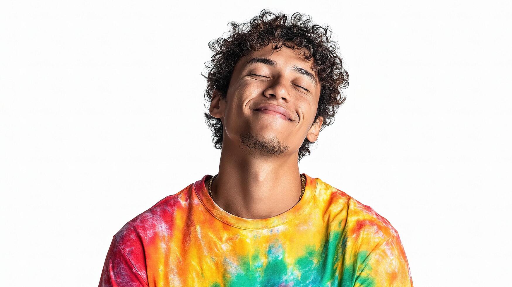 A man with curly hair wearing a tie dye shirt photo