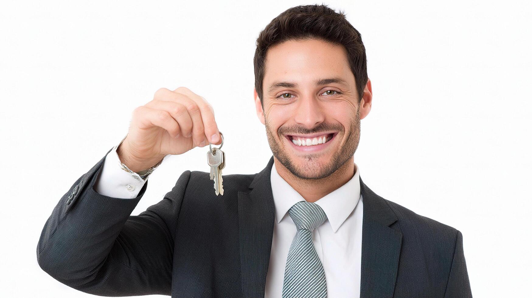 A man in a suit holding up two keys photo
