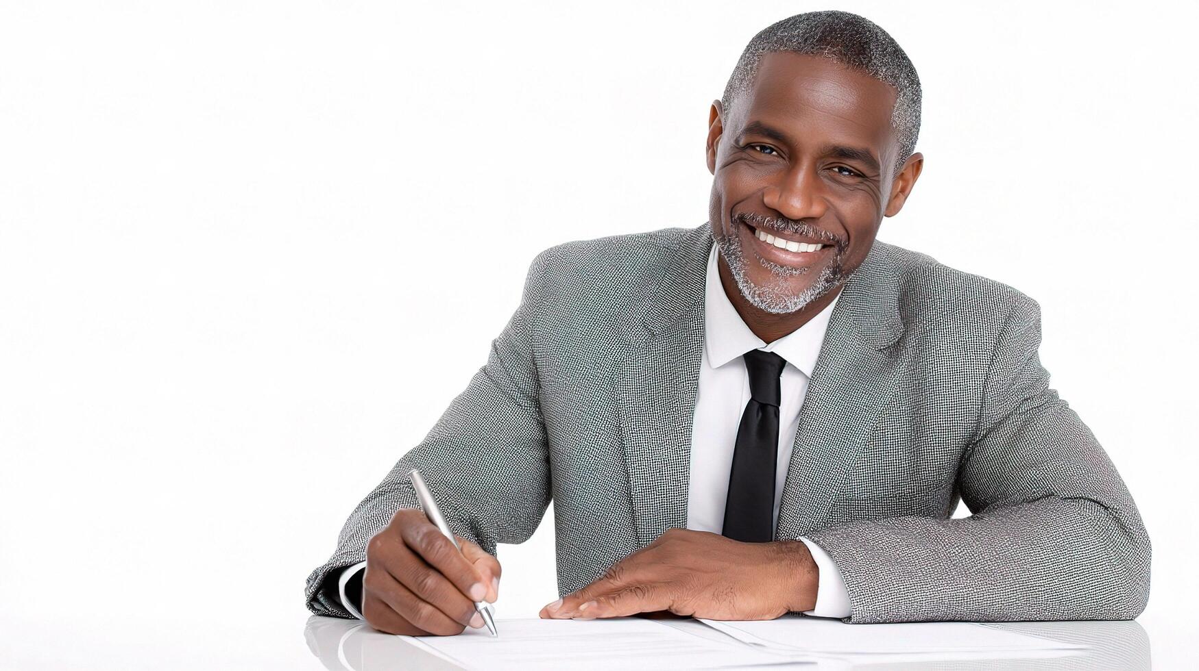 A smiling black man in a suit and tie is signing a document photo