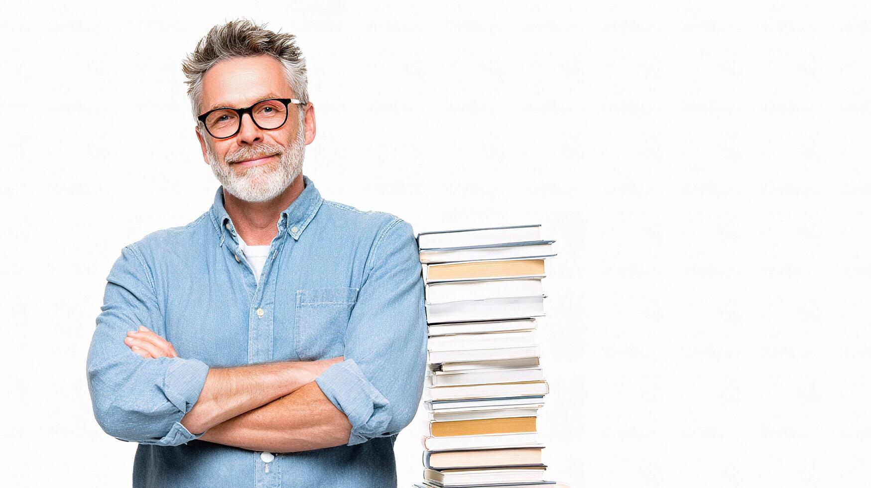 A man with glasses and a beard standing in front of a stack of books photo