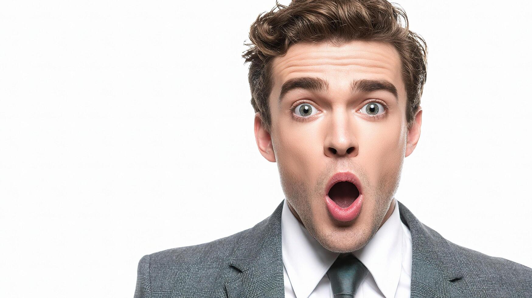 A man in a suit and tie is making a surprised face photo