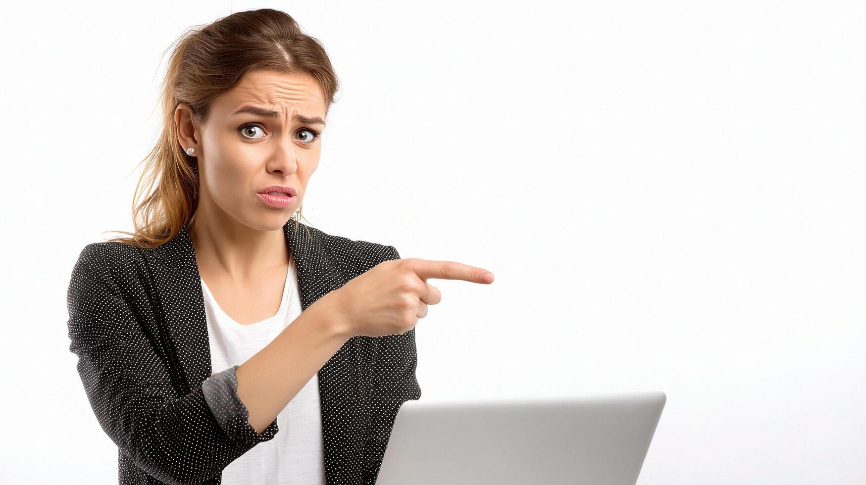 A woman pointing at a laptop computer photo