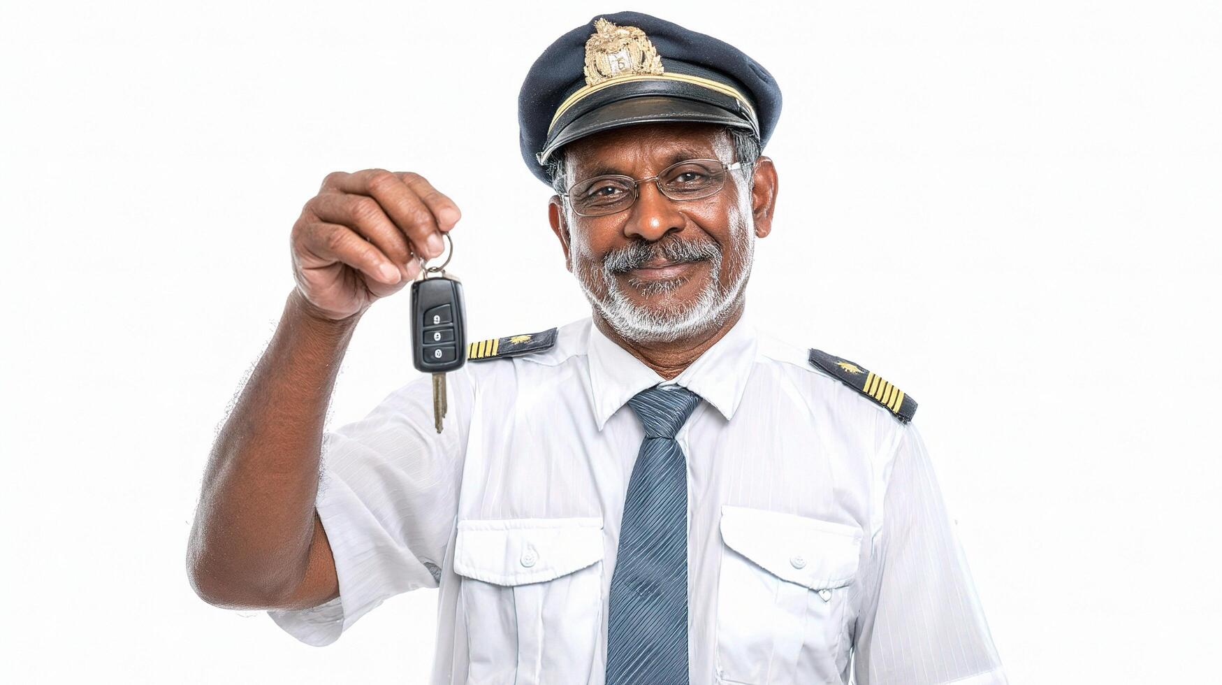 A man in uniform holding a key to a car photo
