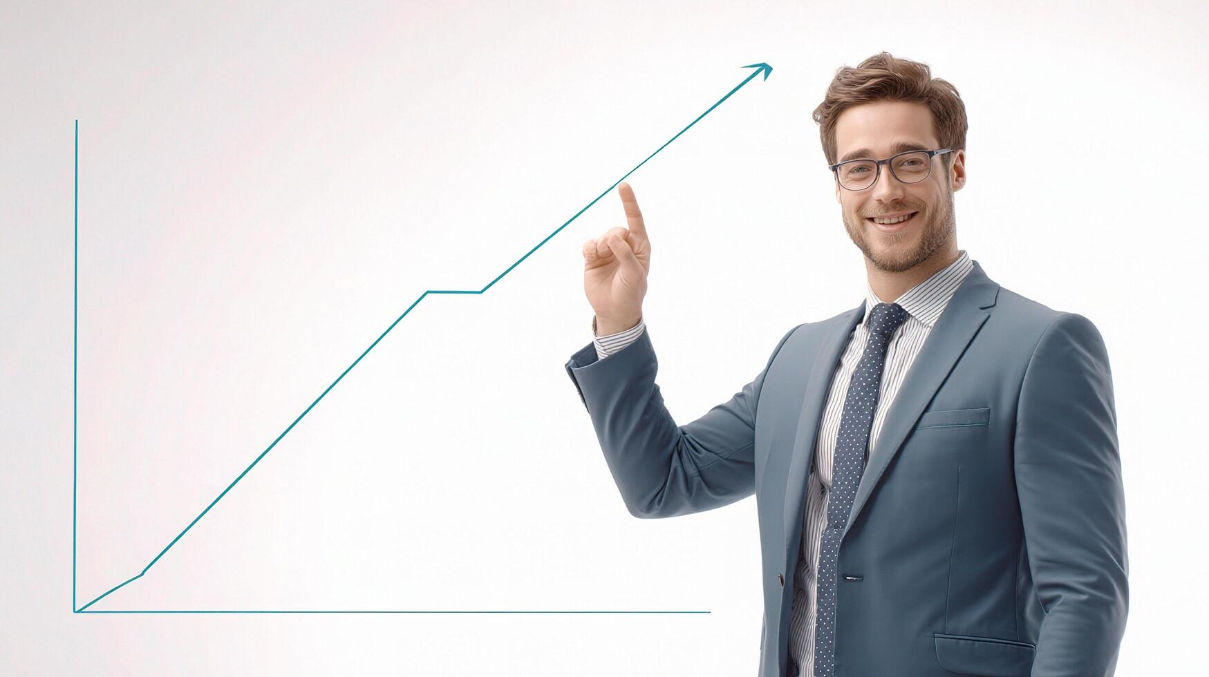 A man in a suit and tie is pointing at a graph photo