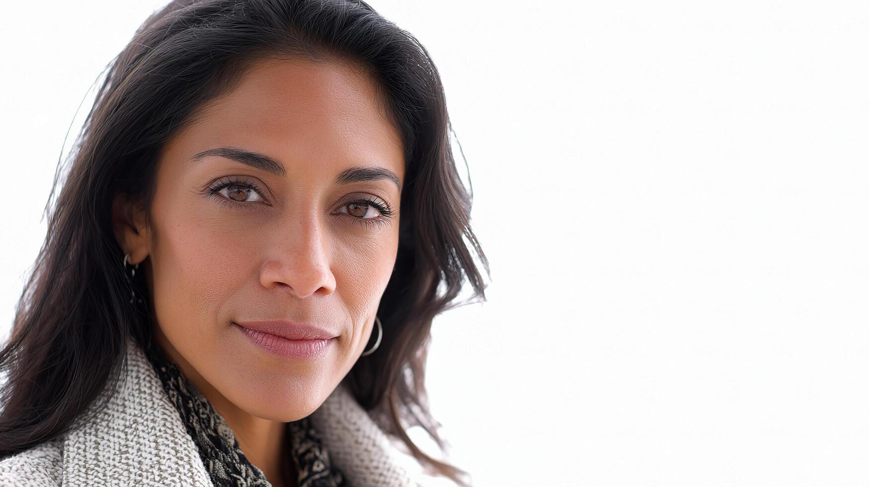 A woman with long hair and a white sweater photo