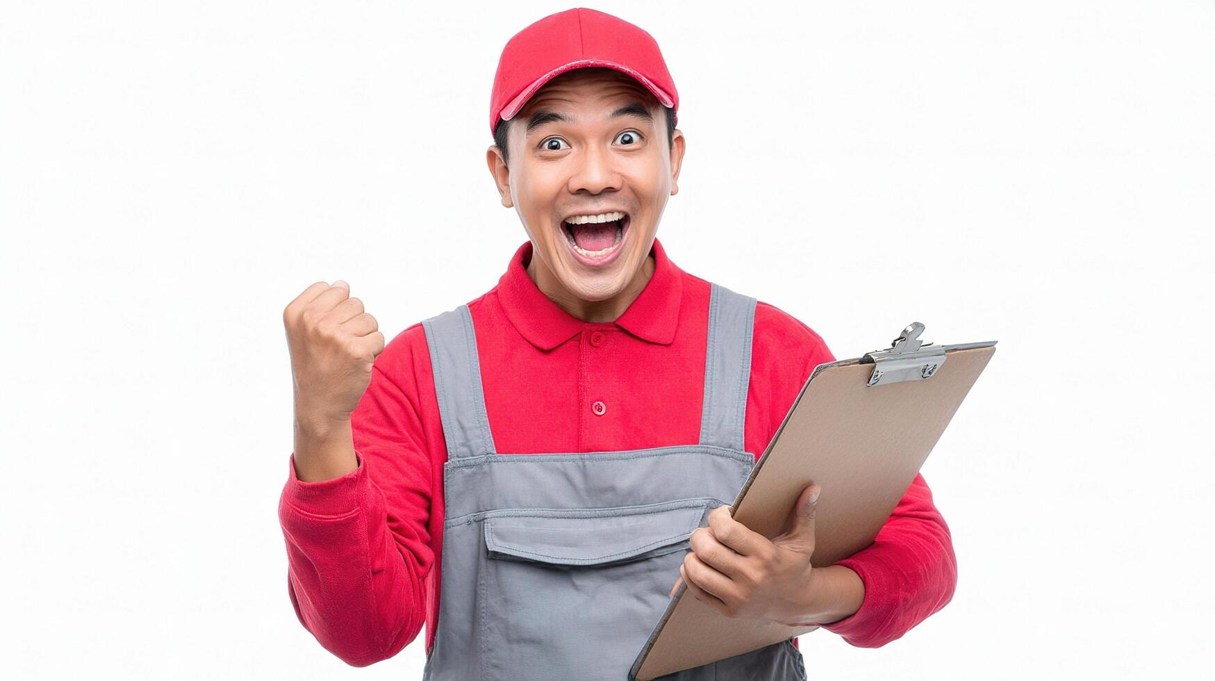 A man in a red shirt holding a clipboard photo