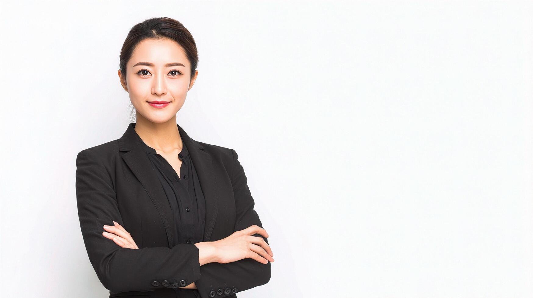 Asian business woman with arms crossed against white background photo