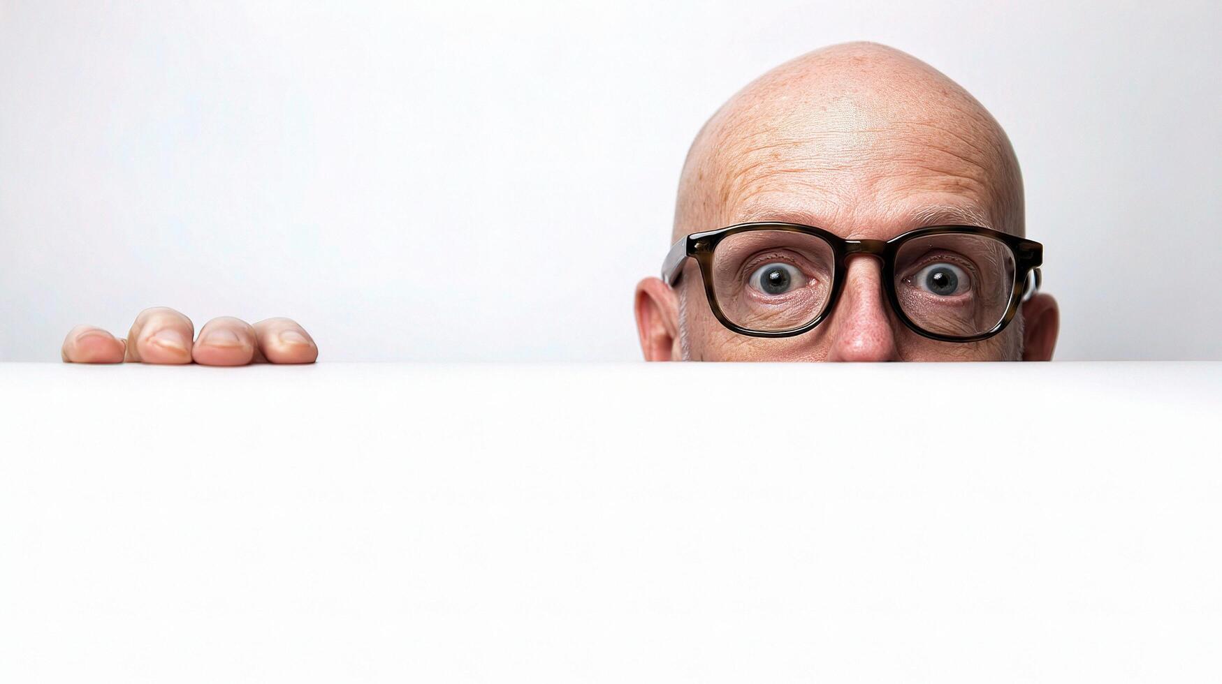 A bald man with glasses peeking over a white board photo