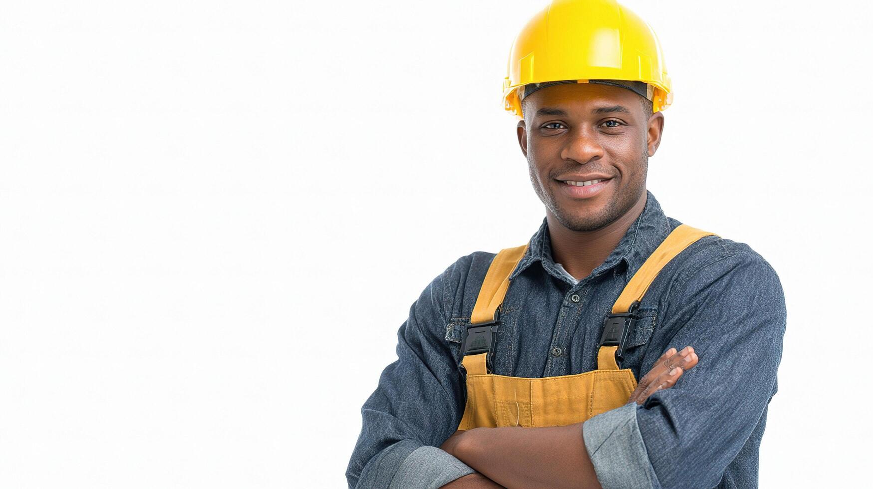 A smiling black man in a hard hat and overalls photo