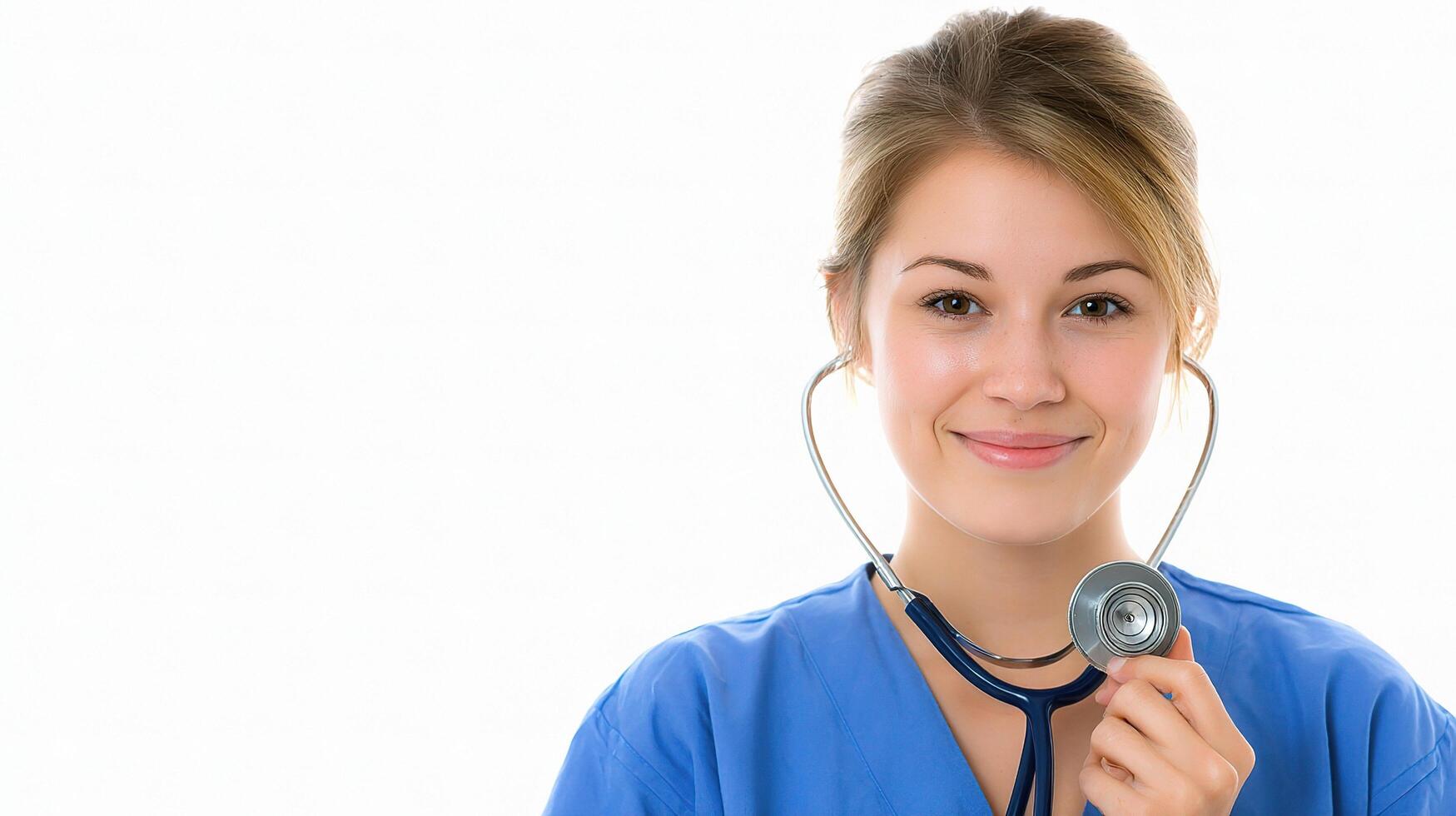A woman in a blue scrub suit holding a stethoscope photo