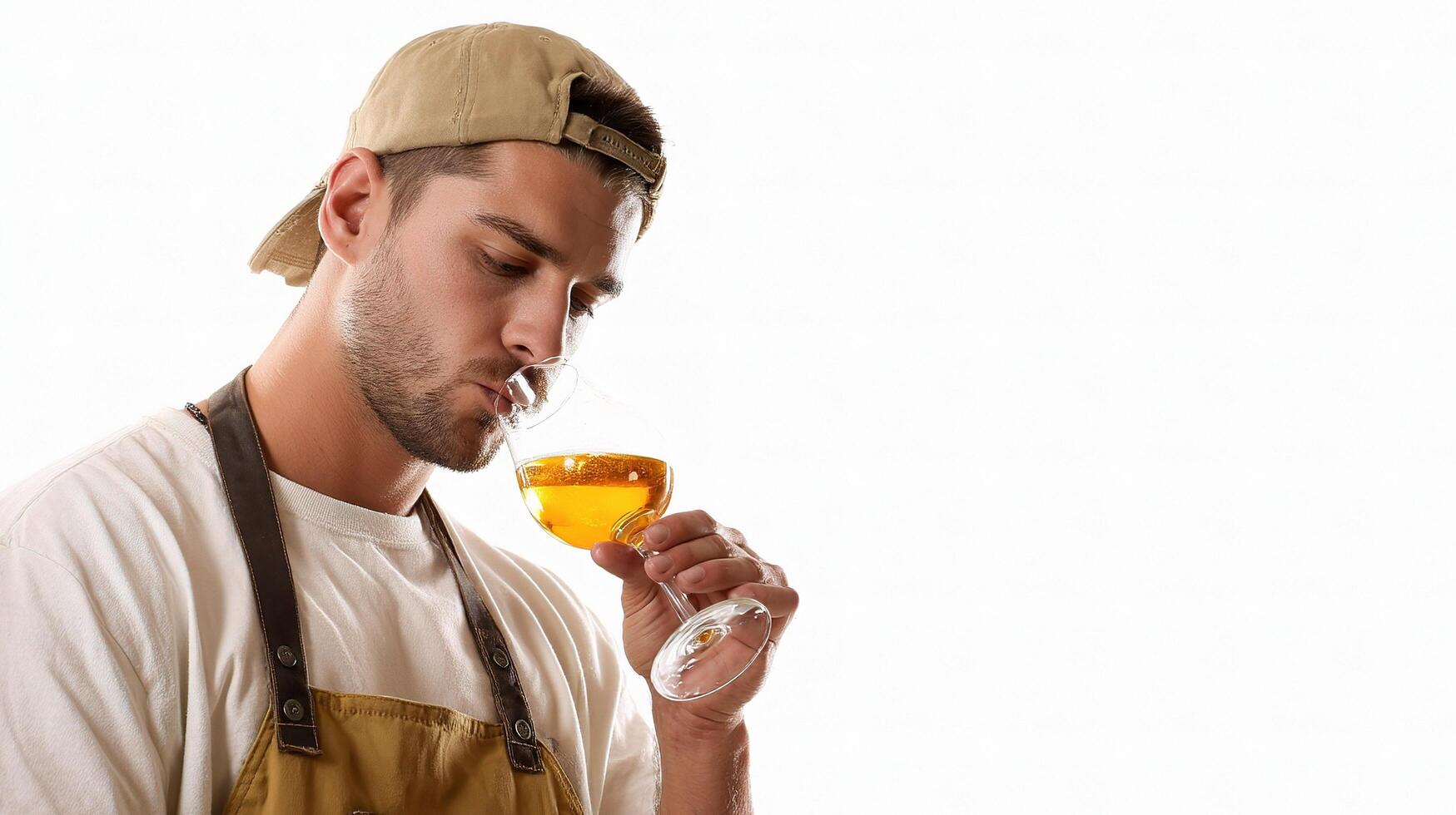 A man in an apron holding a glass of orange juice photo