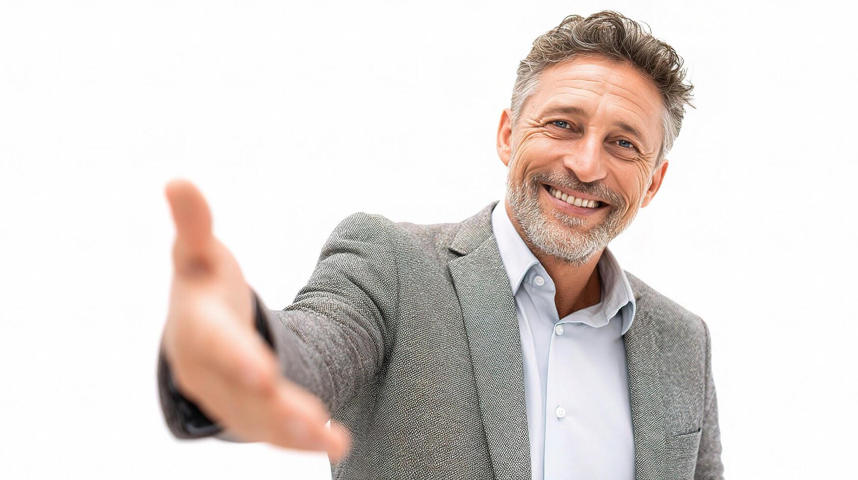 A man in a suit is smiling and pointing photo