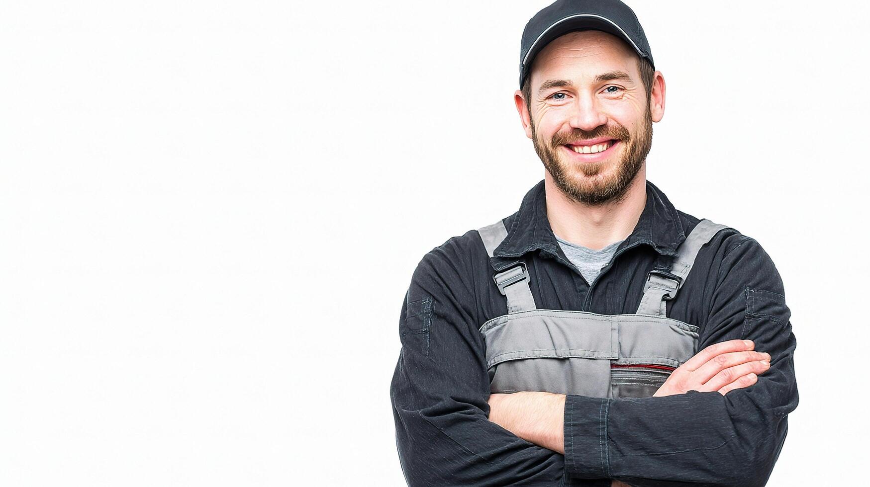 A man in a work uniform is smiling photo