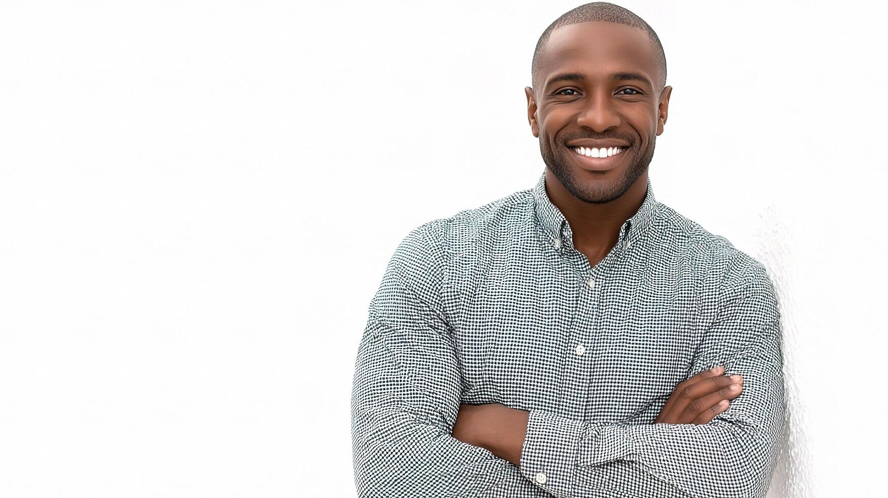 A smiling black man standing against a white wall photo