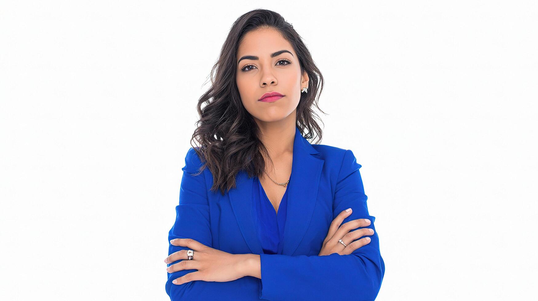 A woman in a blue suit with her arms crossed photo
