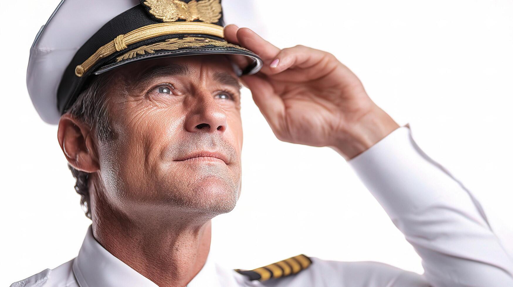 A man in a uniform is looking up at the sky photo