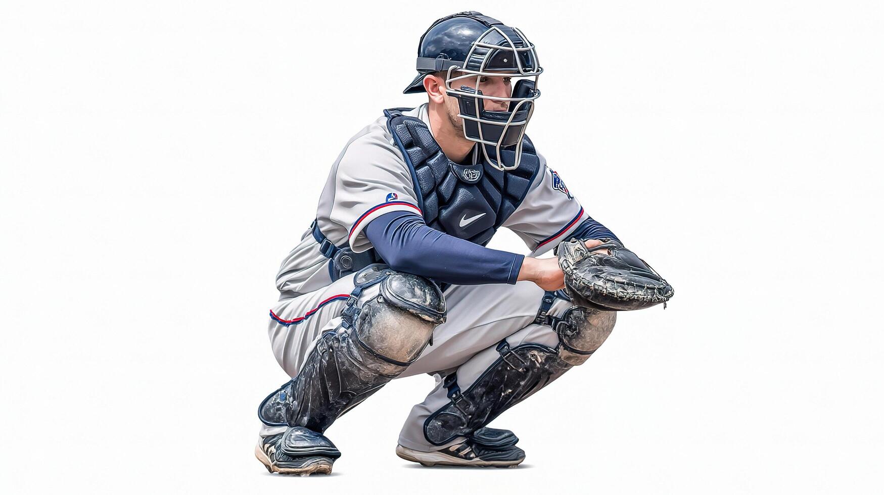 A baseball player crouching down with his glove on photo
